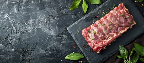 Fresh rack of raw pork spare ribs seasoned with spices on a slate tray with leaves in the background horizontal layout with copy space Top view Positioned beneath the text