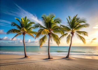 Obraz premium Palm trees sway gently on a sandy beach, with soft waves lapping at the shore, creating a serene, tranquil coastal scene that embodies tropical paradise vibes.