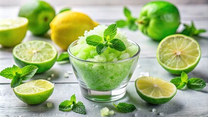 This icy lime granita, adorned with mint, sits elegantly on a white table, surrounded by vibrant lime wedges and fragrant mint leaves for a cool delight.