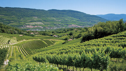 Naklejka premium Grape field growing for wine. Vineyard hills. Summer scenery with wineyard rows 