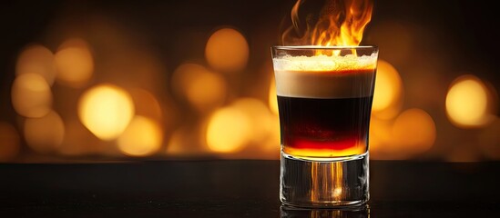 B 52 cocktail flambe flamed a layered shot made of coffee liqueur Irish cream and orange liqueur. with copy space image. Place for adding text or design