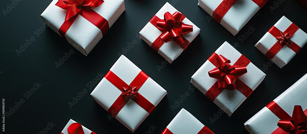 Poster white gifts adorned with red ribbons arranged in a flat lay a collection of gift boxes set against a