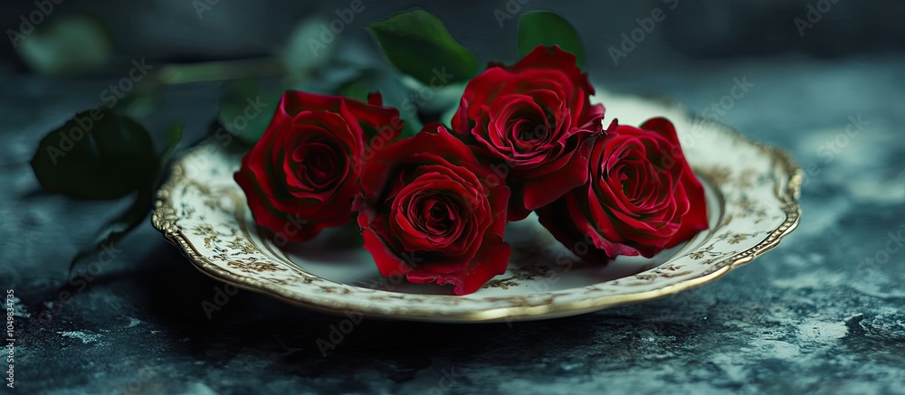 Poster romantic table arrangement featuring a bouquet of roses on an antique plate. with copy space image. 