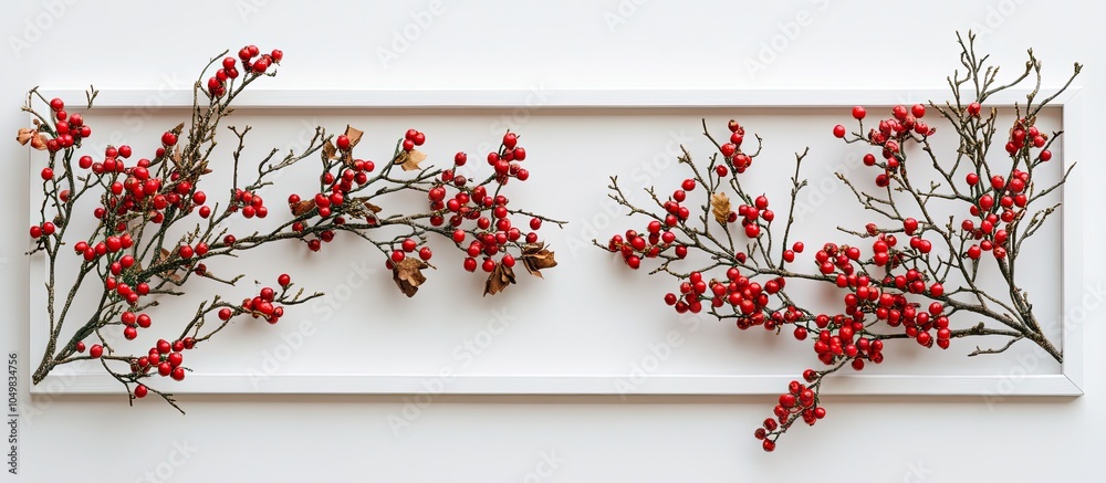 Aufkleber creative arrangement of christmas tree branches with twigs of red berries and a white frame new year