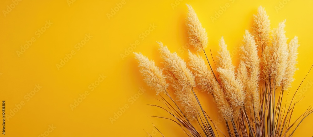 Poster pampas frame against a yellow background autumn arrangement top view copyspace flat lay