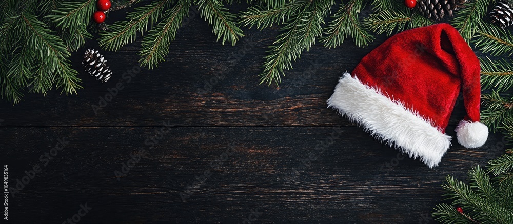 Poster christmas fir tree branches with a santa claus hat on a dark rustic wooden surface featuring copyspa