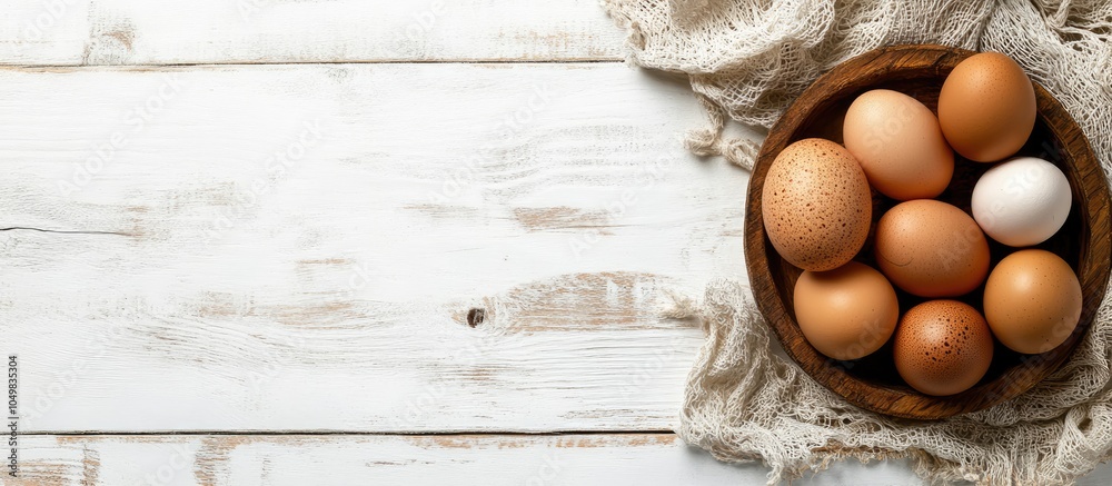Leinwandbilder fresh farm eggs on a rustic wooden background top view with copy space eggs on a mat plate against a