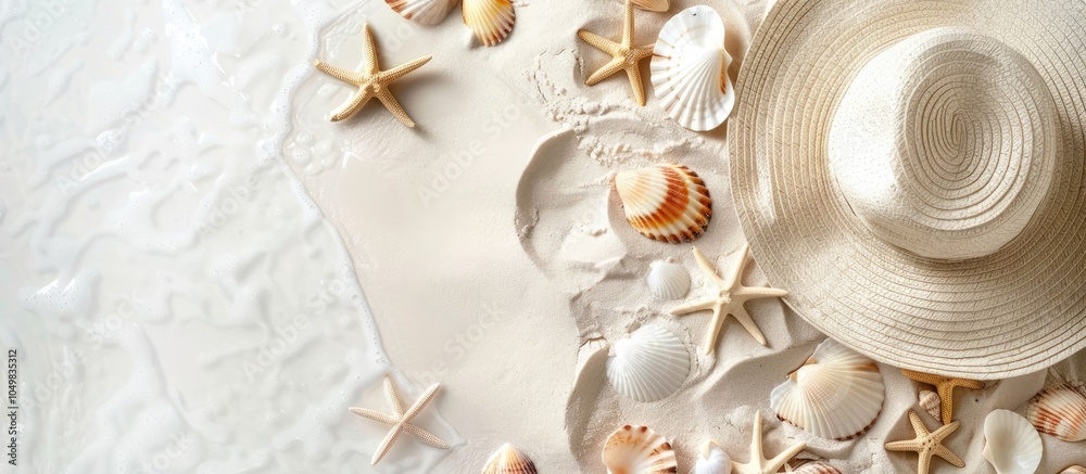 Aufkleber The idea of a seaside vacation Shells stars a straw hat on white sand Background for summer holidays with text space Top view. with copy space image. Place for adding text or design