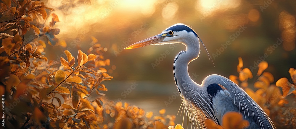 Poster portrait of a blue heron among the foliage at sunset. with copy space image. place for adding text o