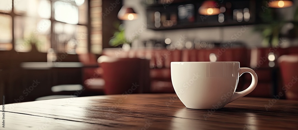 Poster White coffee cup on the table in a lounge bar setting. with copy space image. Place for adding text or design