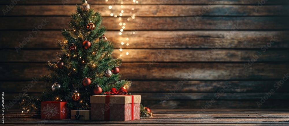 Leinwandbilder christmas tree accompanied by a gift box and decorations on a wooden surface with space for letterin