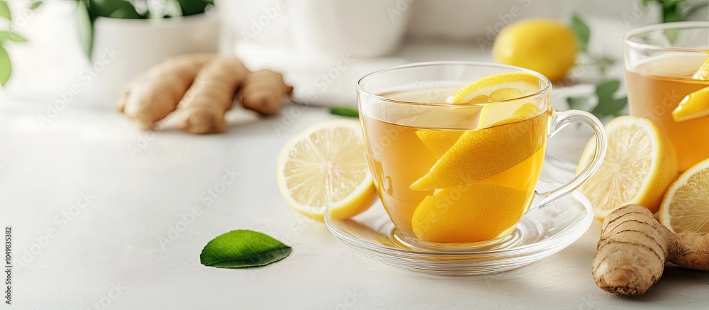 Aufkleber Ginger tea with lemon on a white table. with copy space image. Place for adding text or design