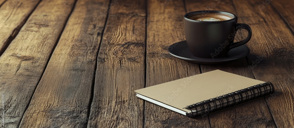 Poster Notebook with a coffee cup in the background. with copy space image. Place for adding text or design