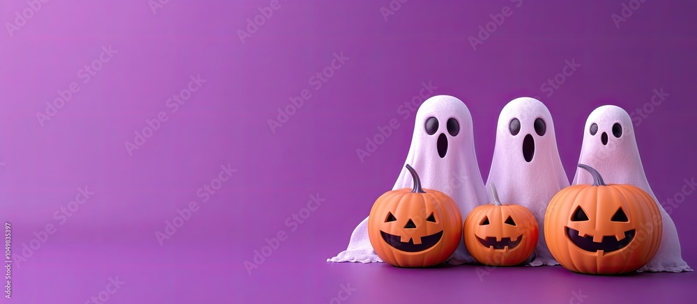 Poster humorous ghosts with pumpkins on a purple background. with copy space image. place for adding text o
