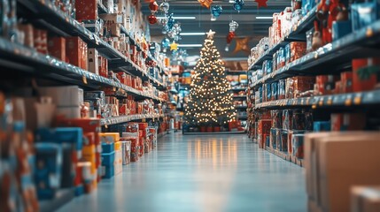 Obraz premium A retail aisle lined with Christmas decorations and gifts, centered around a beautifully lit festive tree.