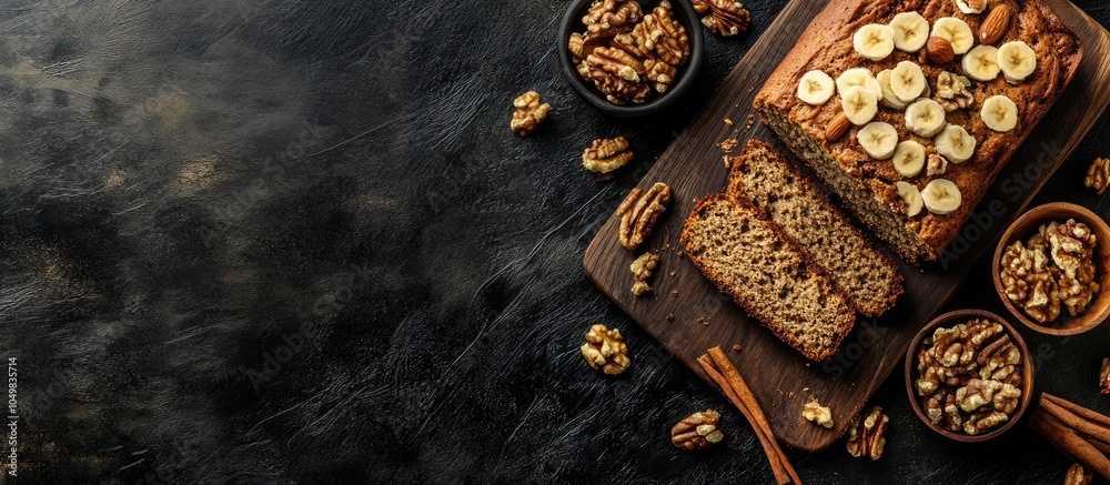Leinwandbilder banana bread with nuts and cinnamon on a dark background top view with copyspace