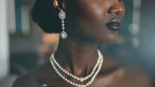 A woman wearing a pearl necklace and earrings