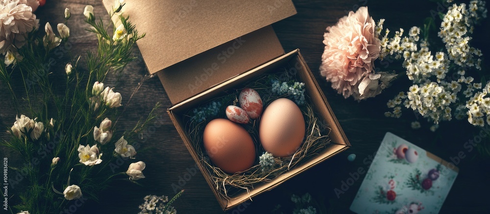 Aufkleber easter eggs in a box as a gift accompanied by flowers and cards for an easter themed background. wit