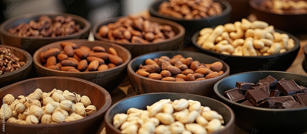 Aufkleber A table displaying bowls filled with various nuts and chocolate. with copy space image. Place for adding text or design