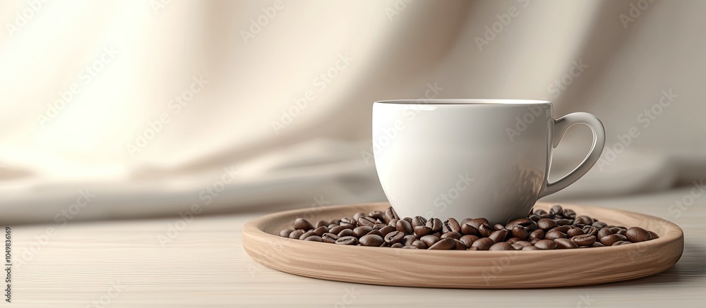 Poster Empty cup with coffee beans on a wooden plate. with copy space image. Place for adding text or design