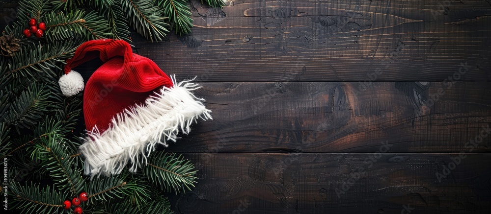 Aufkleber christmas fir tree branches with a santa claus hat on a dark rustic wooden backdrop featuring copysp