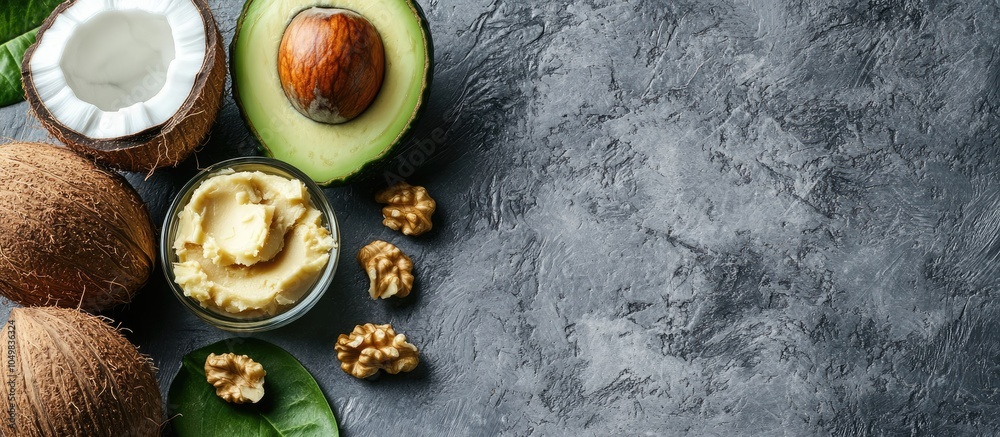 Leinwandbilder a close up shot of ketogenic foods coconut and coconut butter avocado walnuts and macadamia nuts. wi