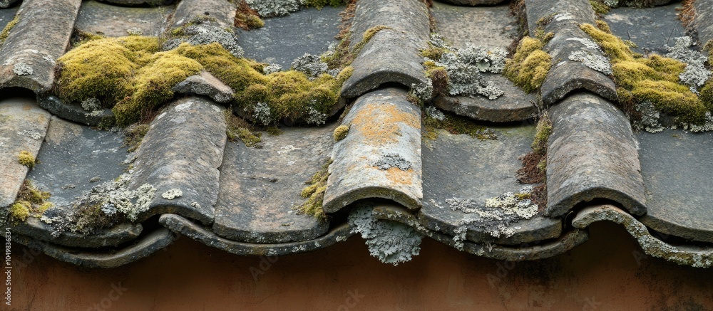 Poster close up of an aged slate roof adorned with dry moss and lichen on a clay wall copy space shallow de