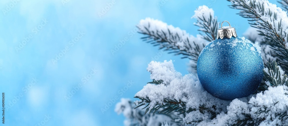Leinwandbilder a shiny blue ball on a snow covered branch of a christmas tree set against a blue background with sp