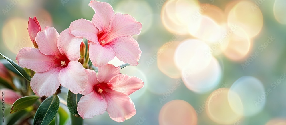 Poster Lovely light pink desert rose flower also known as Impala Lily Mock Azalea Pink adenium with a bokeh blurred background in the garden Copyspace for text