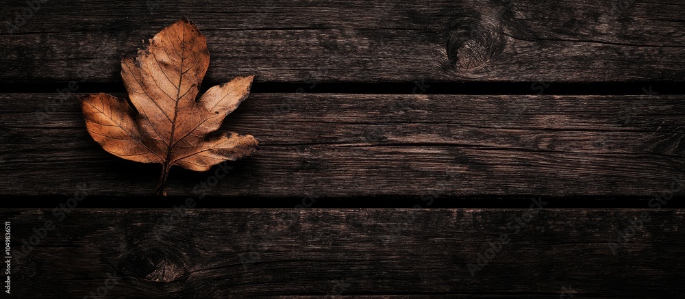 Fototapete dark brown autumn leaf on a deep rustic wooden backdrop minimalism. with copy space image. Place for adding text or design