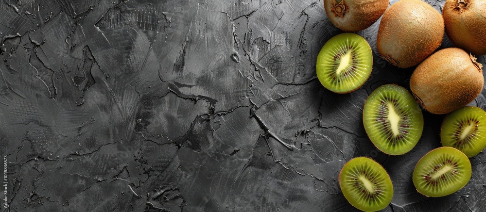 Aufkleber ripe whole kiwi and halved kiwi fruits on a black concrete stone background top view. with copy spac