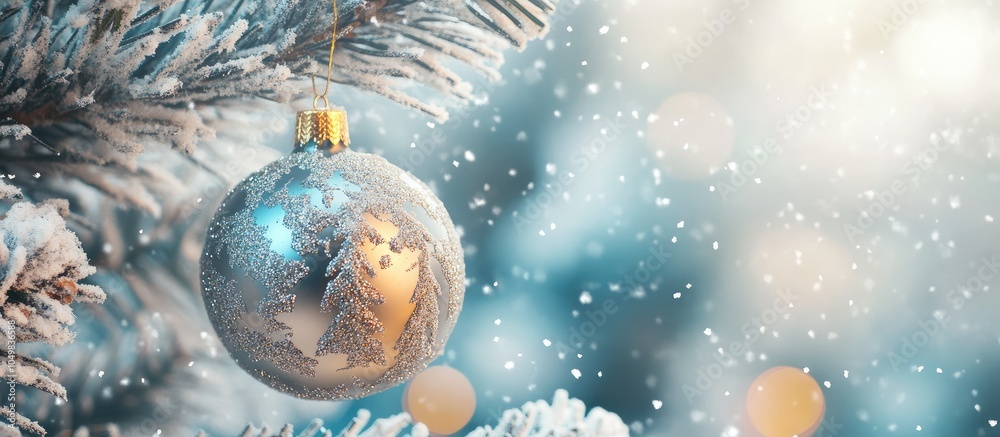 Aufkleber A toy Christmas ornament suspended on the tree with synthetic snow. with copy space image. Place for adding text or design