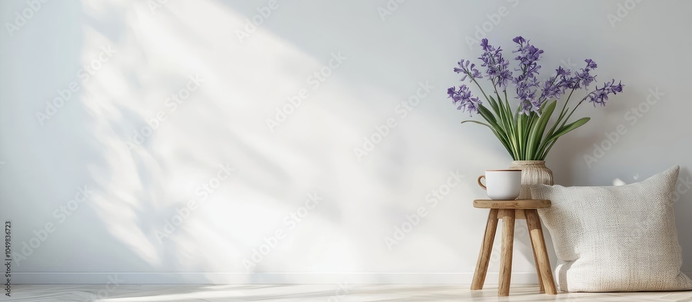 Aufkleber Vase filled with hyacinth flowers a cup on a stool and pillows beside a white wall in a room. with copy space image. Place for adding text or design