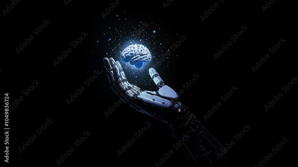 Poster close-up ai robot holds ai brain with open hand. artificial intelligence or ai analysis information.