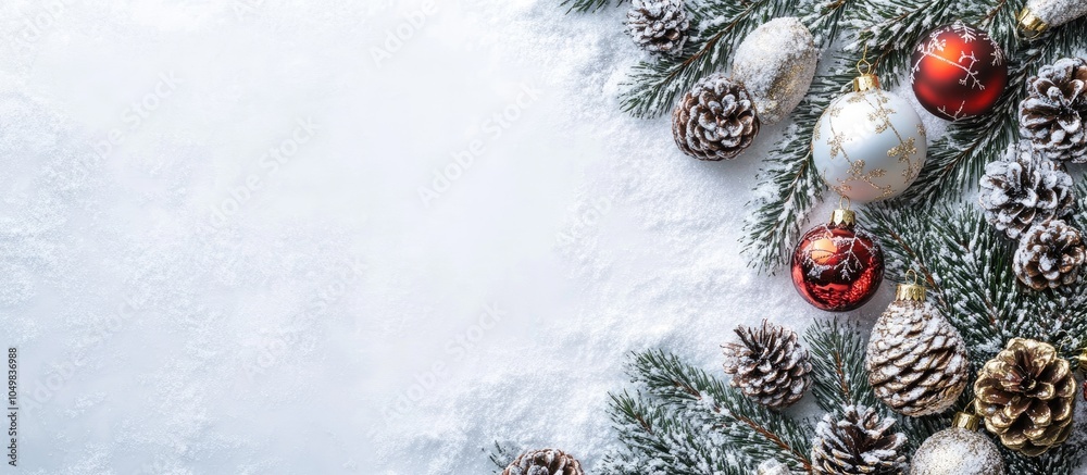 Aufkleber christmas decoration branch christmas tree christmas ornaments and spruce cones on snow top view fla