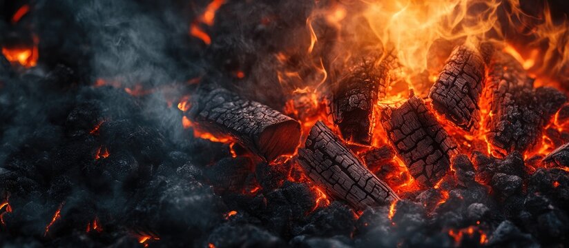 Logs smoldering in a bright fire up close A moody background featuring a campfire flame An incredibly detailed image of a bonfire from within including copy space A swirling mix of smoke and glowin