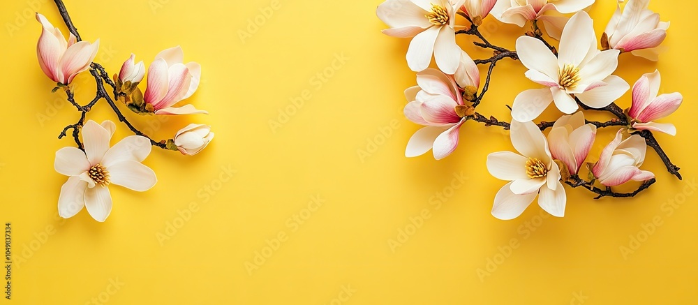 Poster a lovely branch of white and pink magnolia flowers set against a yellow background with copy space a