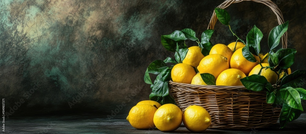 Fototapete Dramatic studio photograph of lemons in a basket against a dark background. with copy space image. Place for adding text or design