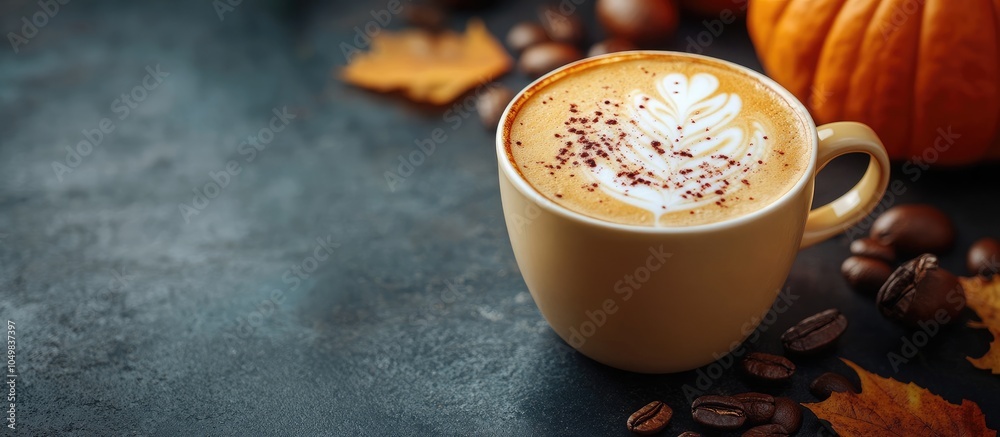 Aufkleber Autumn pumpkin latte coffee on a dark background. with copy space image. Place for adding text or design