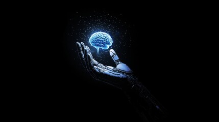 Close-up AI robot holds AI brain with open hand. Artificial intelligence or AI analysis information. AI produces a superior brain from itself. Human brain and AI brain merge. Technology and science, m