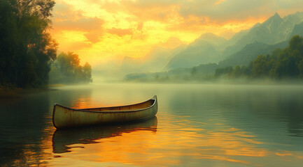 Fototapeta premium Serene Canoe on Foggy Lake Surrounded by Lush Green Mountains at Dawn