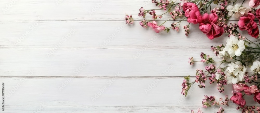 Poster fresh beautiful flowers on a white wooden background. with copy space image. place for adding text o