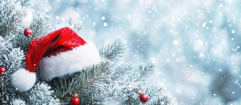 Fototapete Snow covered fir branches adorned with a red Santa hat. with copy space image. Place for adding text or design