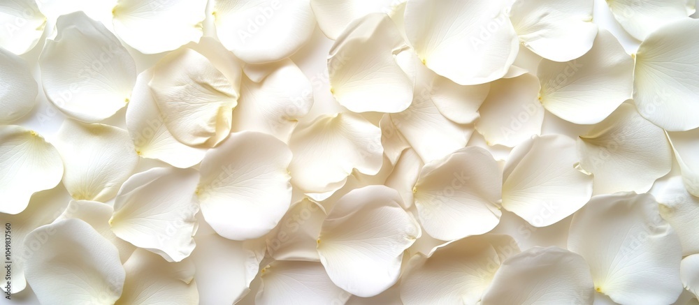 Poster white floral arrangement featuring white rose petals set against a white background. with copy space