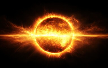 Naklejka premium Photo of the suns corona during a solar flare eruption, showing the powerful plasma arcs and solar prominences, with glowing, radiant edges fading into dark space 