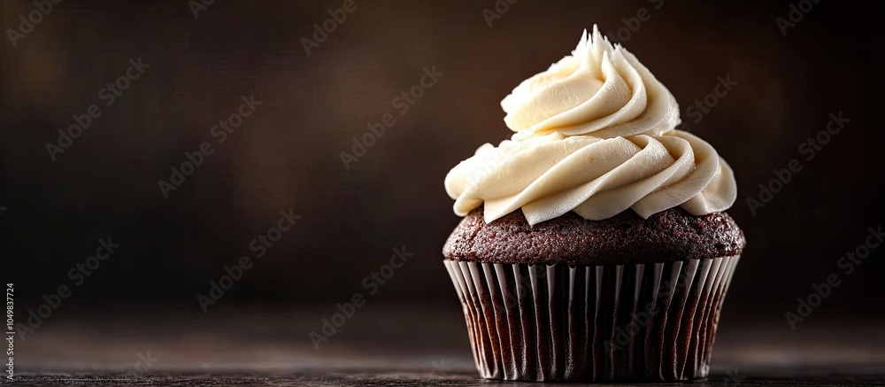 Aufkleber chocolate cupcake topped with cream against a dark background. with copy space image. place for addi