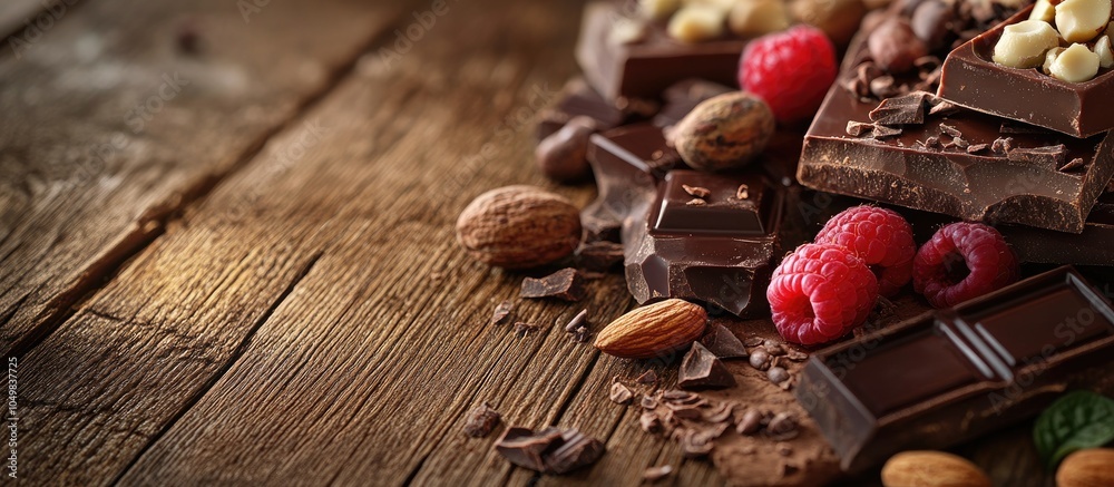 Poster organic pieces of hazelnut almond raspberry pistachio dark and milk chocolate bars are set against a