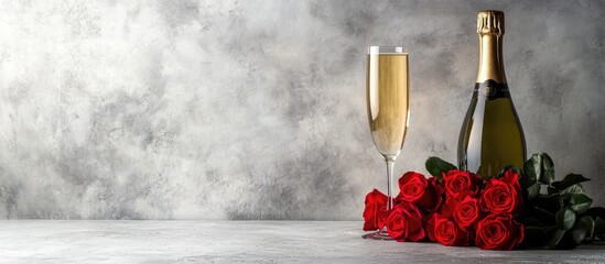 A bottle of champagne alongside a glass situated next to a bunch of red roses on a white and gray surface with copy space for Valentine s Day celebrations