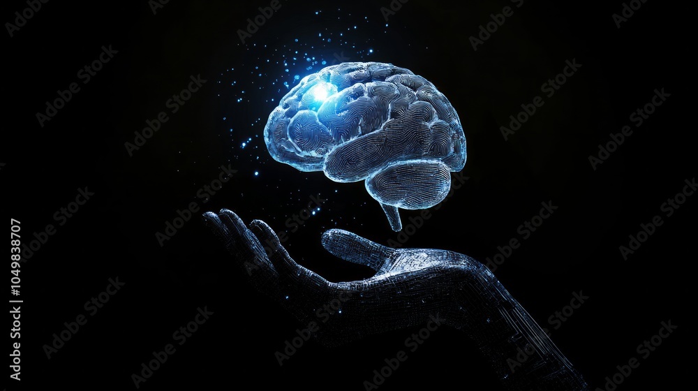 Poster close-up ai robot holds ai brain with open hand. artificial intelligence or ai analysis information.
