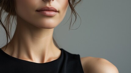 Fototapeta premium Elegant close-up of a woman's face, highlighting her lips, jawline, and neck against a neutral background.